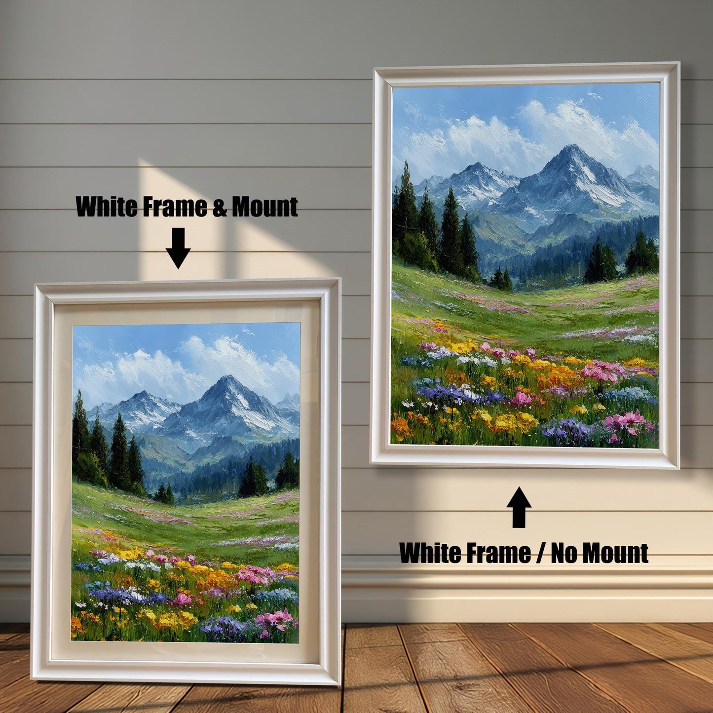 A white-framed art print of a mountain landscape is shown in two styles: with a mount (mat) on the left and without a mount on the right.