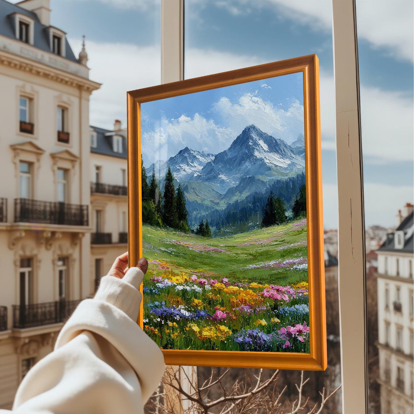 A hand holds up a gold-framed art print of a vibrant mountain landscape with a foreground of wildflowers, held in front of a window overlooking a cityscape.