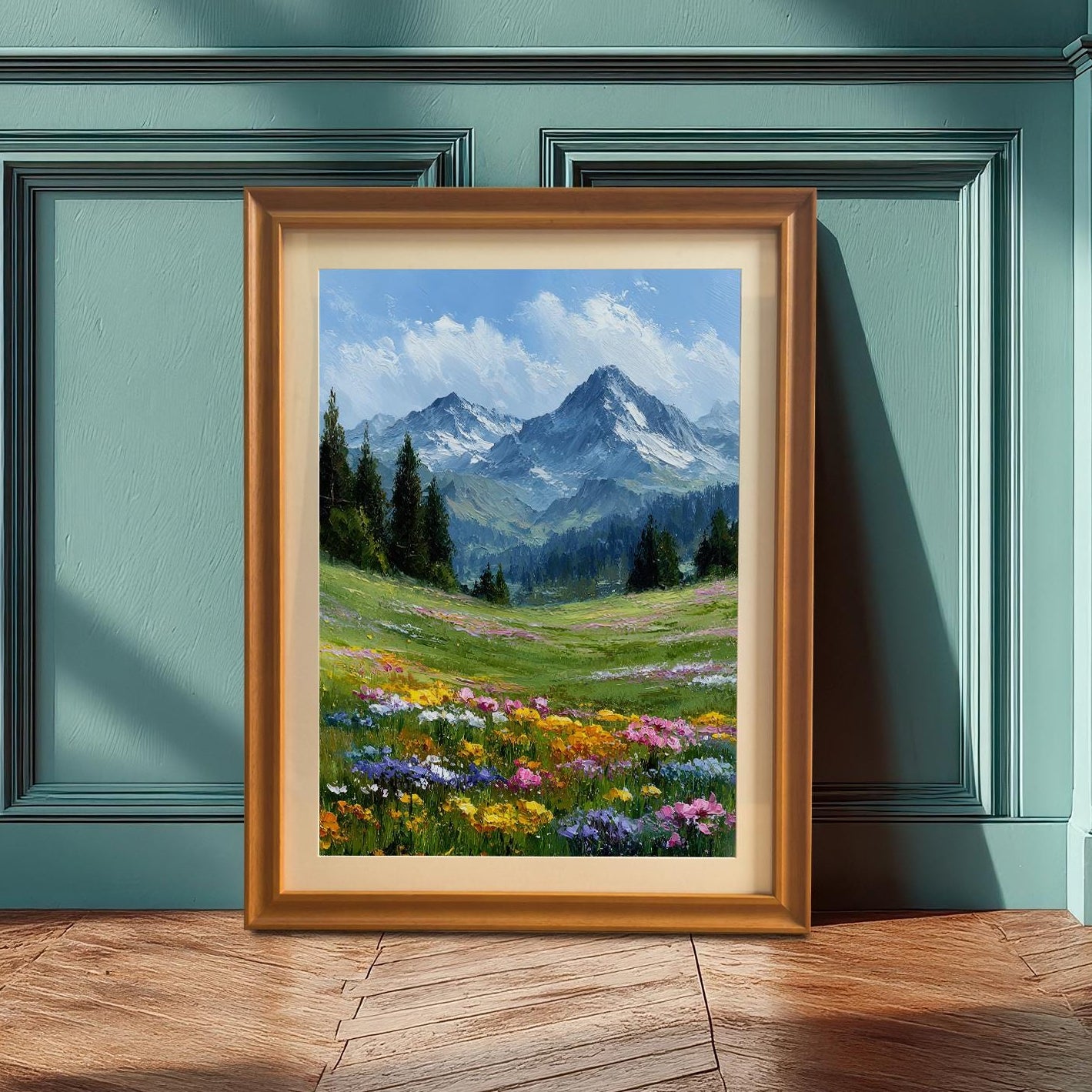 A gold-framed painting of a mountain meadow with wildflowers leans against a teal paneled wall.