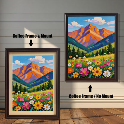 A coffee-colored framed art print of a bright mountain landscape with wildflowers is shown in two styles: with a mount (mat) on the left and without a mount on the right.