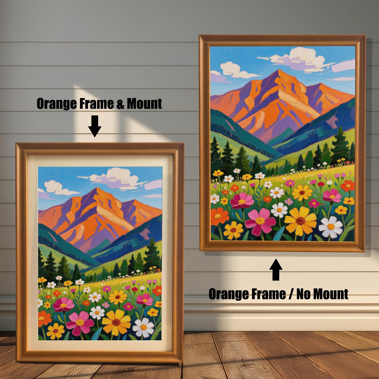 An orange-framed art print of a colorful mountain landscape is shown in two styles: with a mount (mat) on the left and without a mount on the right.