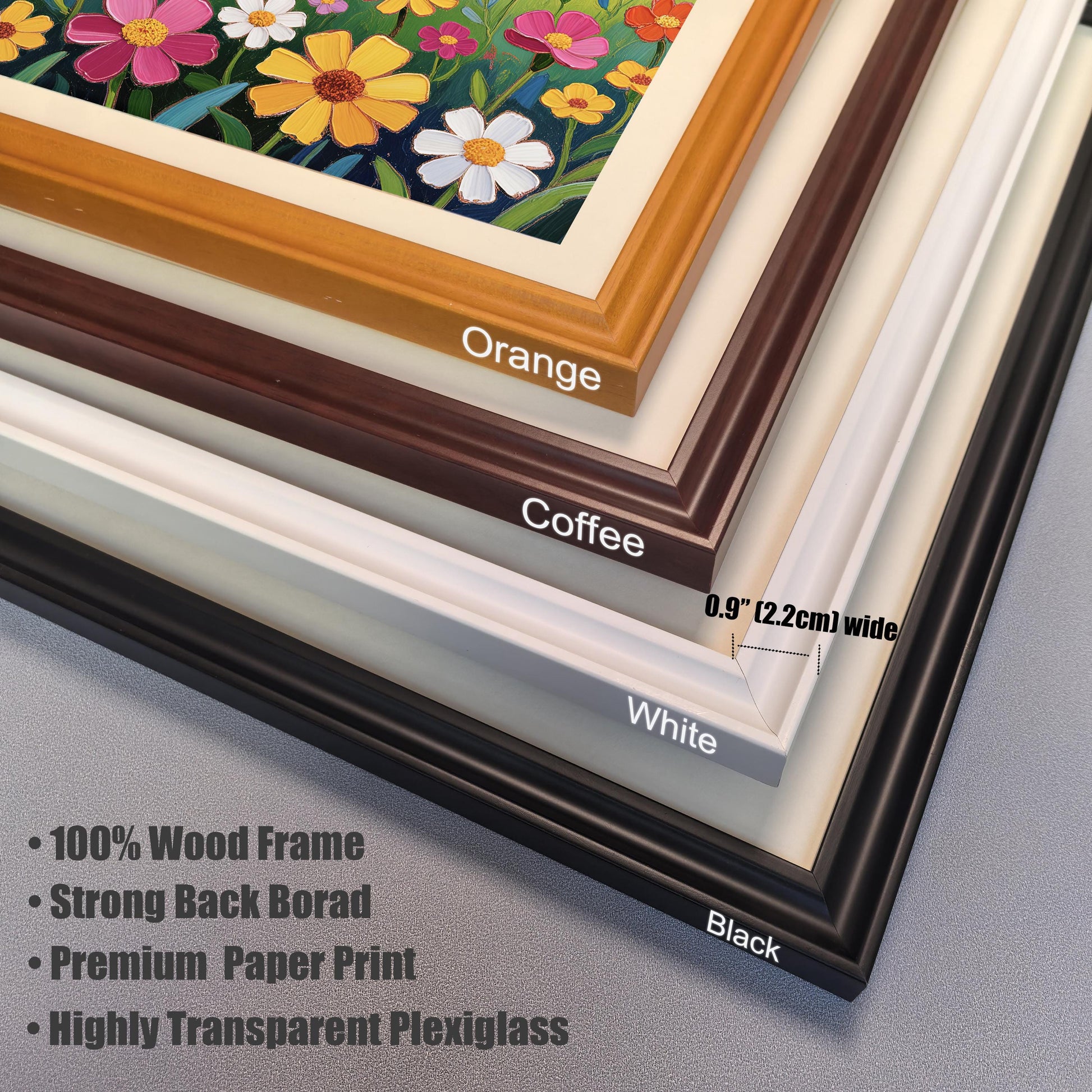 A close-up, angled view of four different frame color options—orange, coffee, white, and black—and their specifications.