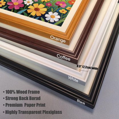 A close-up, angled view of four different frame color options—orange, coffee, white, and black—and their specifications.