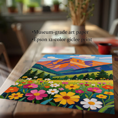 A close-up, angled view of a single art print of a mountain landscape on a wooden table, highlighting its museum-grade paper and giclée printing.