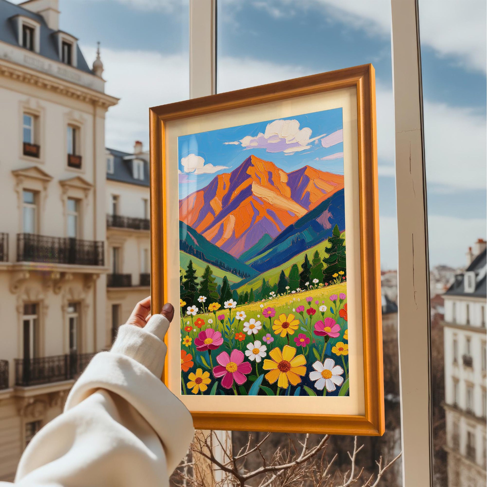 A hand holds up a gold-framed art print of a vibrant mountain landscape with a foreground of wildflowers, held in front of a window overlooking a cityscape.