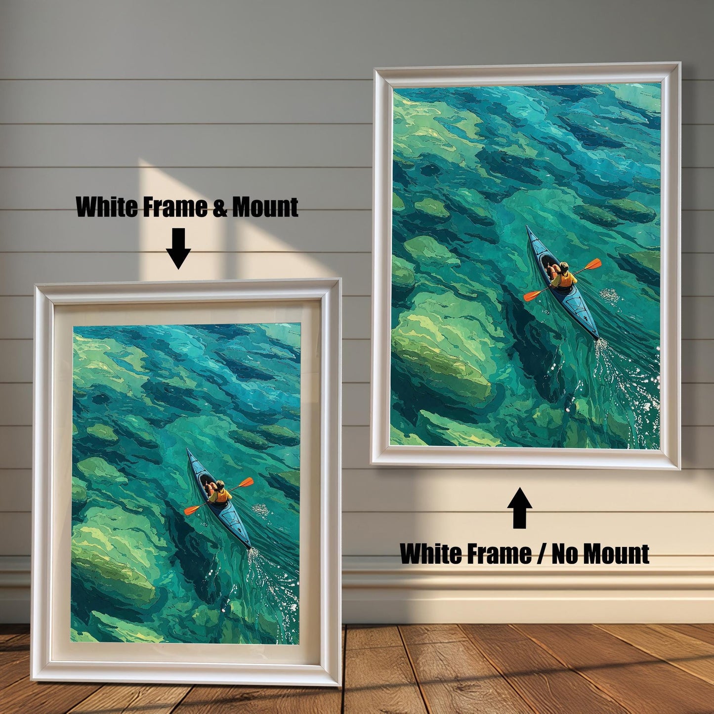 A white-framed art print of a person kayaking on clear water is displayed in two styles: with a mount (mat) on the left and without a mount on the right.