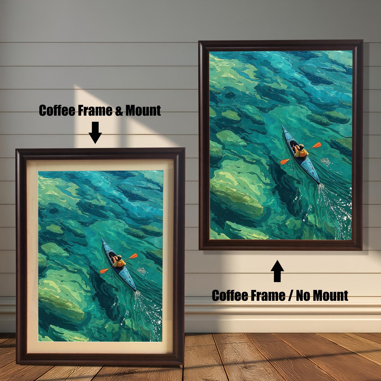 A coffee-colored framed art print of a person kayaking on clear water is displayed in two styles: with a mount (mat) on the left and without a mount on the right.