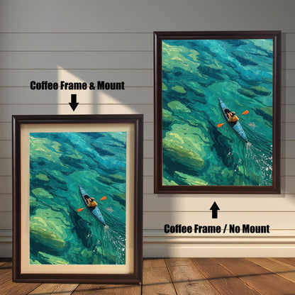 A coffee-colored framed art print of a person kayaking on clear water is displayed in two styles: with a mount (mat) on the left and without a mount on the right.