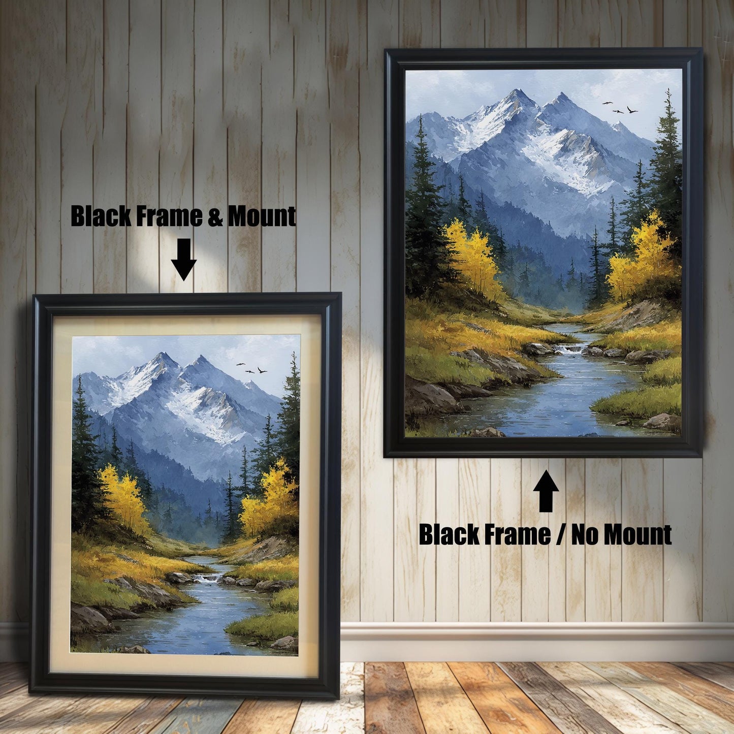 A black-framed art print of a mountain stream landscape is shown in two styles: with a mount (mat) on the left and without a mount on the right.