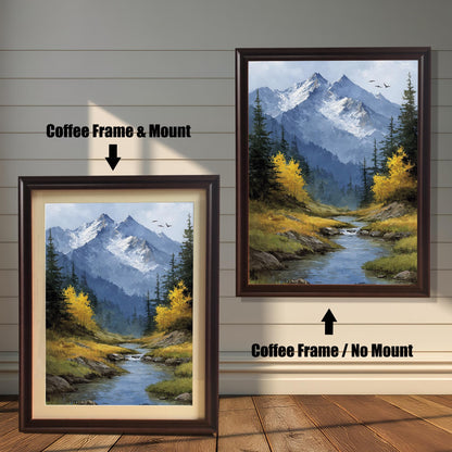 A coffee-colored framed art print of a mountain stream landscape is shown in two styles: with a mount (mat) on the left and without a mount on the right.