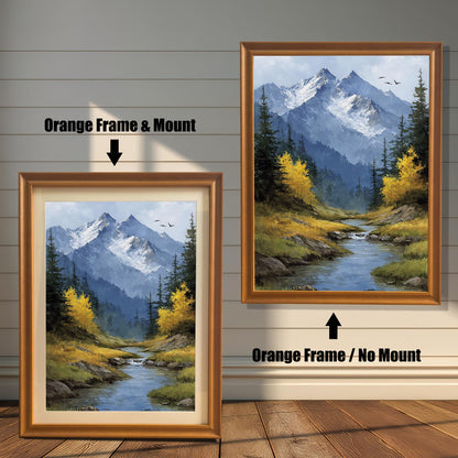 An orange-framed art print of a mountain stream landscape is shown in two styles: with a mount (mat) on the left and without a mount on the right.