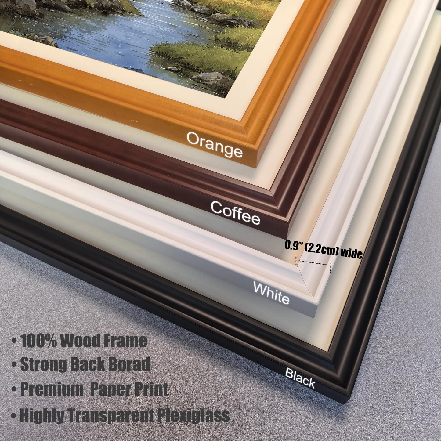 A close-up, angled view of four different frame color options—orange, coffee, white, and black—and their specifications.