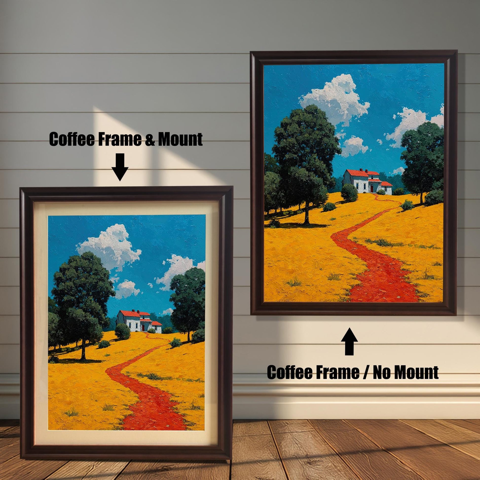 A side-by-side comparison of a landscape painting with a coffee-colored frame. The image on the left, labeled "Coffee Frame & Mount," includes a light-colored mat board. The image on the right, labeled "Coffee Frame / No Mount," has no mat.
