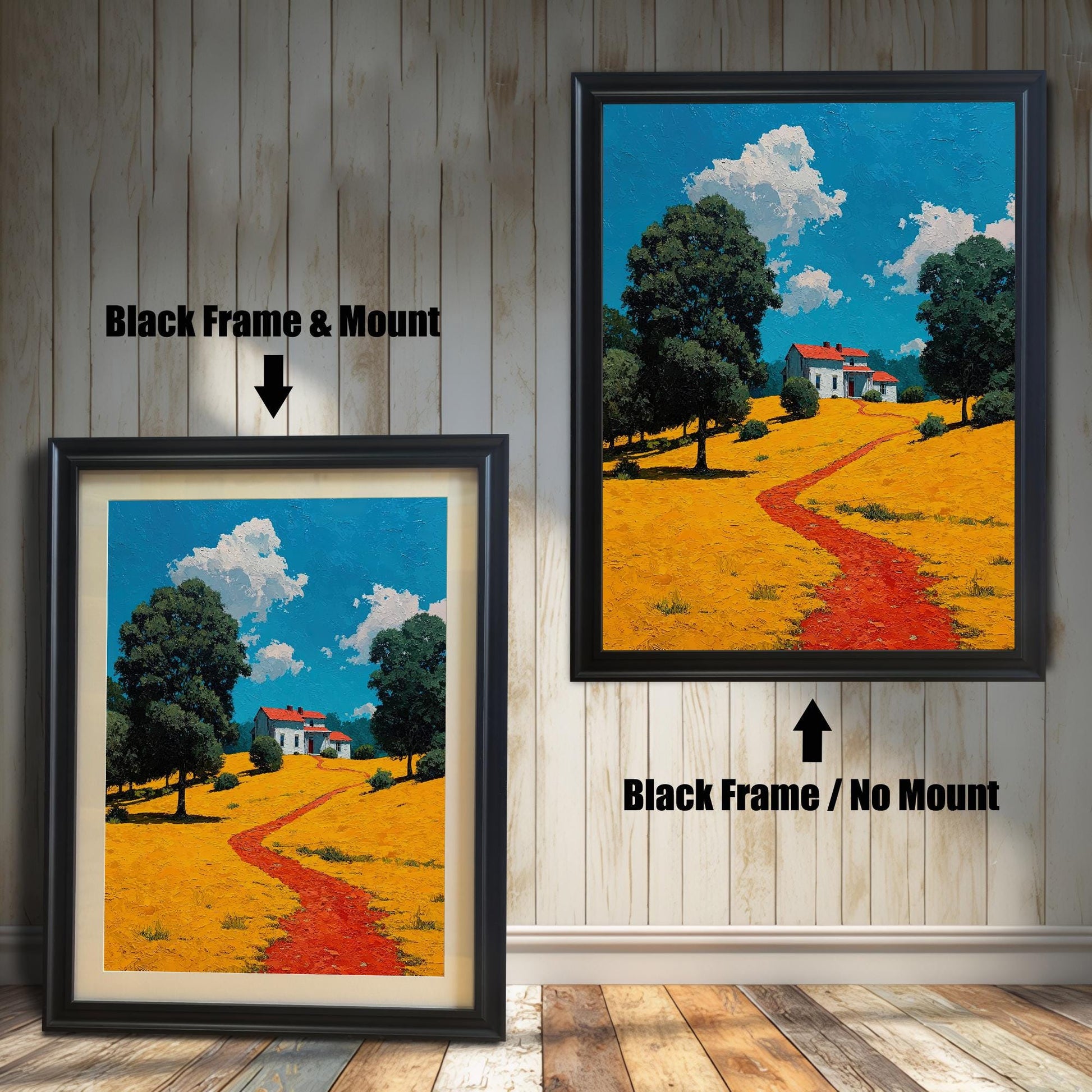 A side-by-side comparison of a landscape painting with a black frame. The image on the left, labeled "Black Frame & Mount," includes a light-colored mat board. The image on the right, labeled "Black Frame / No Mount," has no mat.