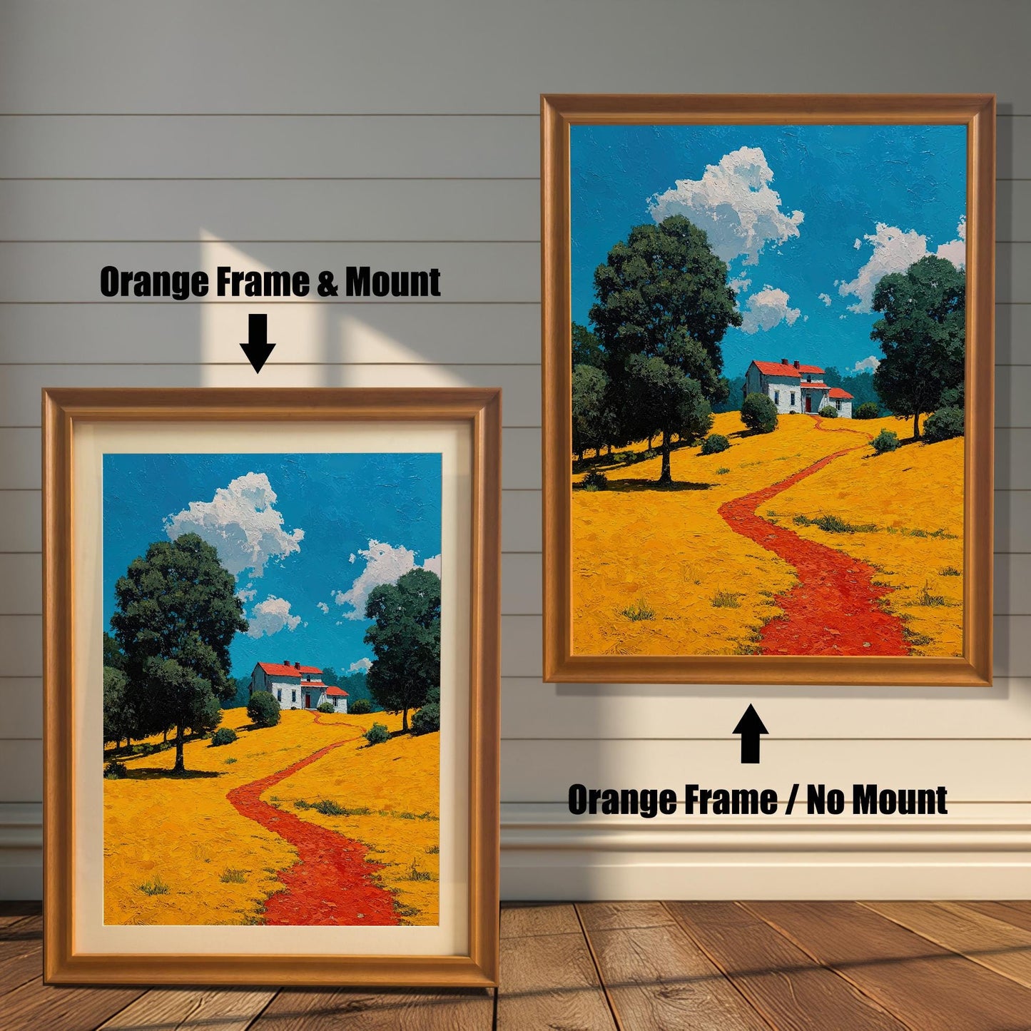 A side-by-side comparison of a landscape painting with an orange-colored frame. The image on the left, labeled "Orange Frame & Mount," includes a light-colored mat board. The image on the right, labeled "Orange Frame / No Mount," has no mat.