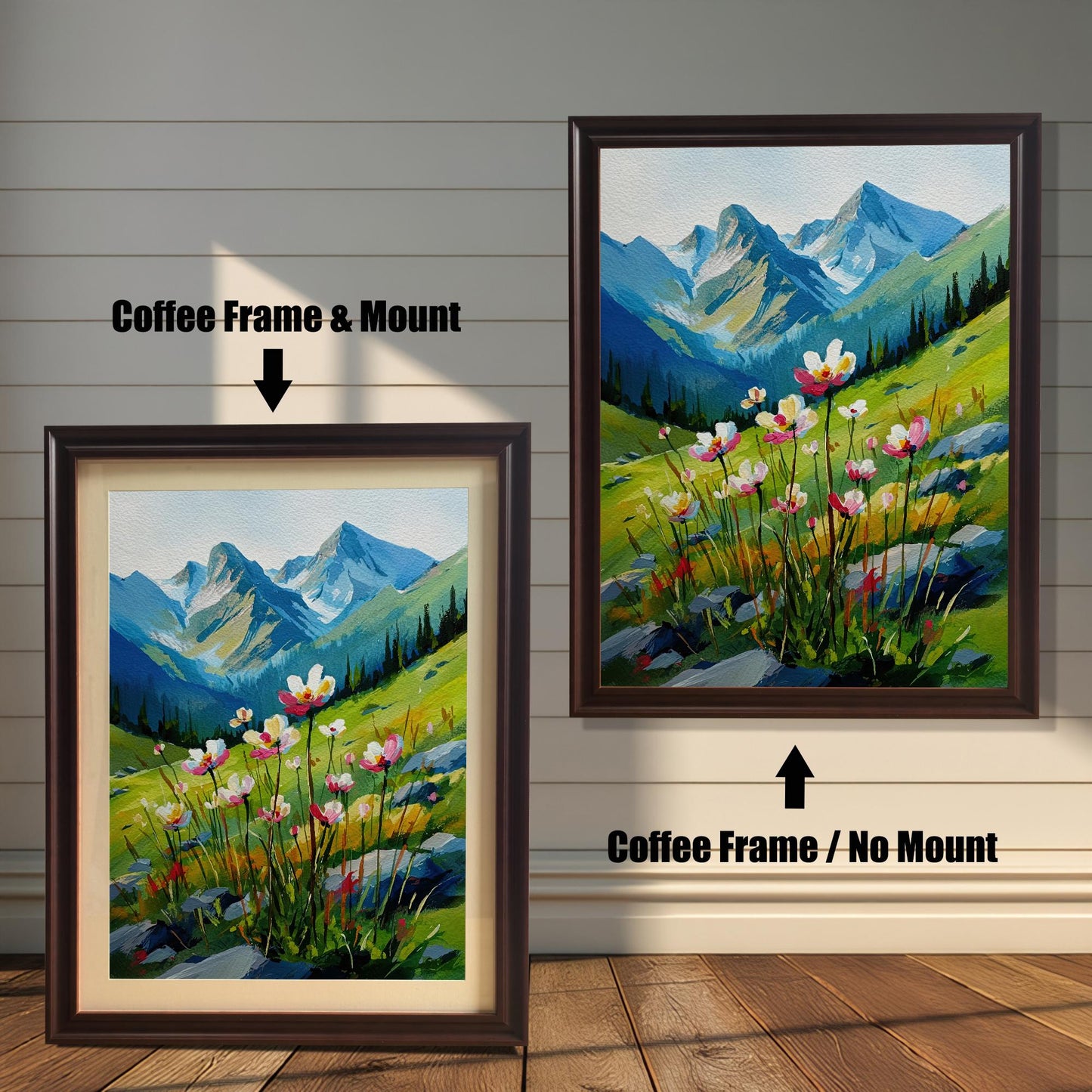 A side-by-side comparison of a landscape painting with a coffee-colored frame. The image on the left, labeled "Coffee Frame & Mount," includes a light-colored mat board. The image on the right, labeled "Coffee Frame / No Mount," has no mat.