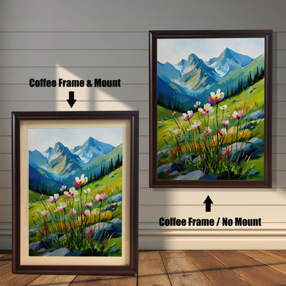 A side-by-side comparison of a landscape painting with a coffee-colored frame. The image on the left, labeled "Coffee Frame & Mount," includes a light-colored mat board. The image on the right, labeled "Coffee Frame / No Mount," has no mat.