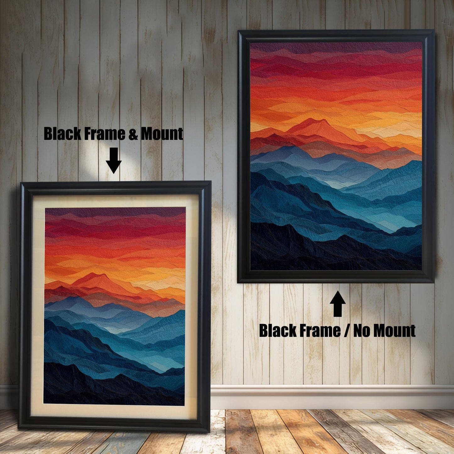 A side-by-side comparison of a mountain landscape painting with a black frame. The image on the left, labeled "Black Frame & Mount," includes a light-colored mat board. The image on the right, labeled "Black Frame / No Mount," has no mat.