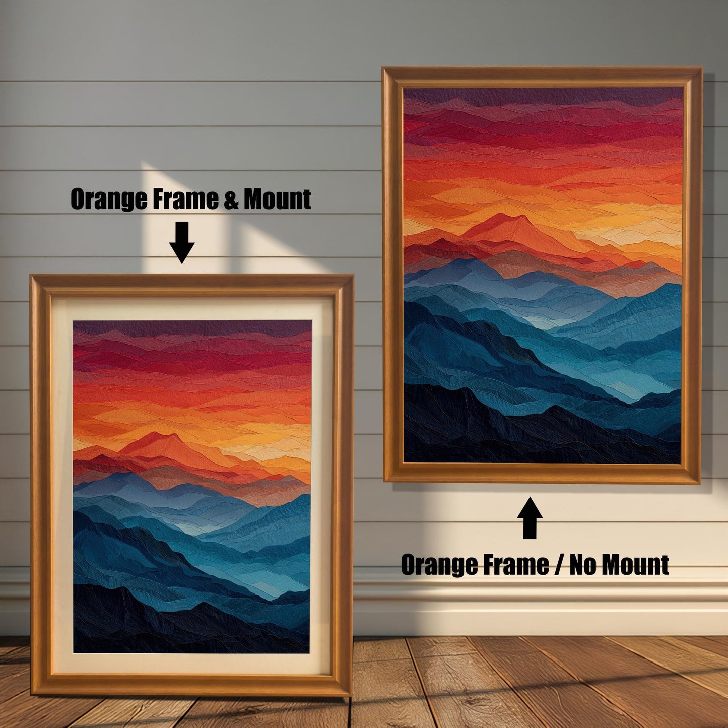 A side-by-side comparison of a mountain landscape painting with an orange-colored frame. The image on the left, labeled "Orange Frame & Mount," includes a light-colored mat board. The image on the right, labeled "Orange Frame / No Mount," has no mat.