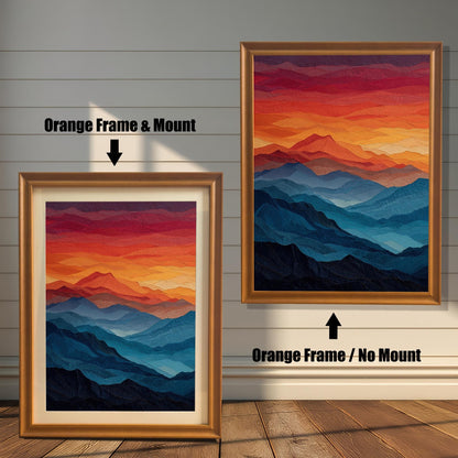A side-by-side comparison of a mountain landscape painting with an orange-colored frame. The image on the left, labeled "Orange Frame & Mount," includes a light-colored mat board. The image on the right, labeled "Orange Frame / No Mount," has no mat.