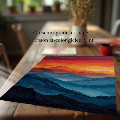 A low-angle shot of a landscape painting of blue mountains under a red and orange sky, shown on a rustic wooden table. Text overlays highlight its features: "Museum-grade art paper" and "Epson 12-color giclee print."