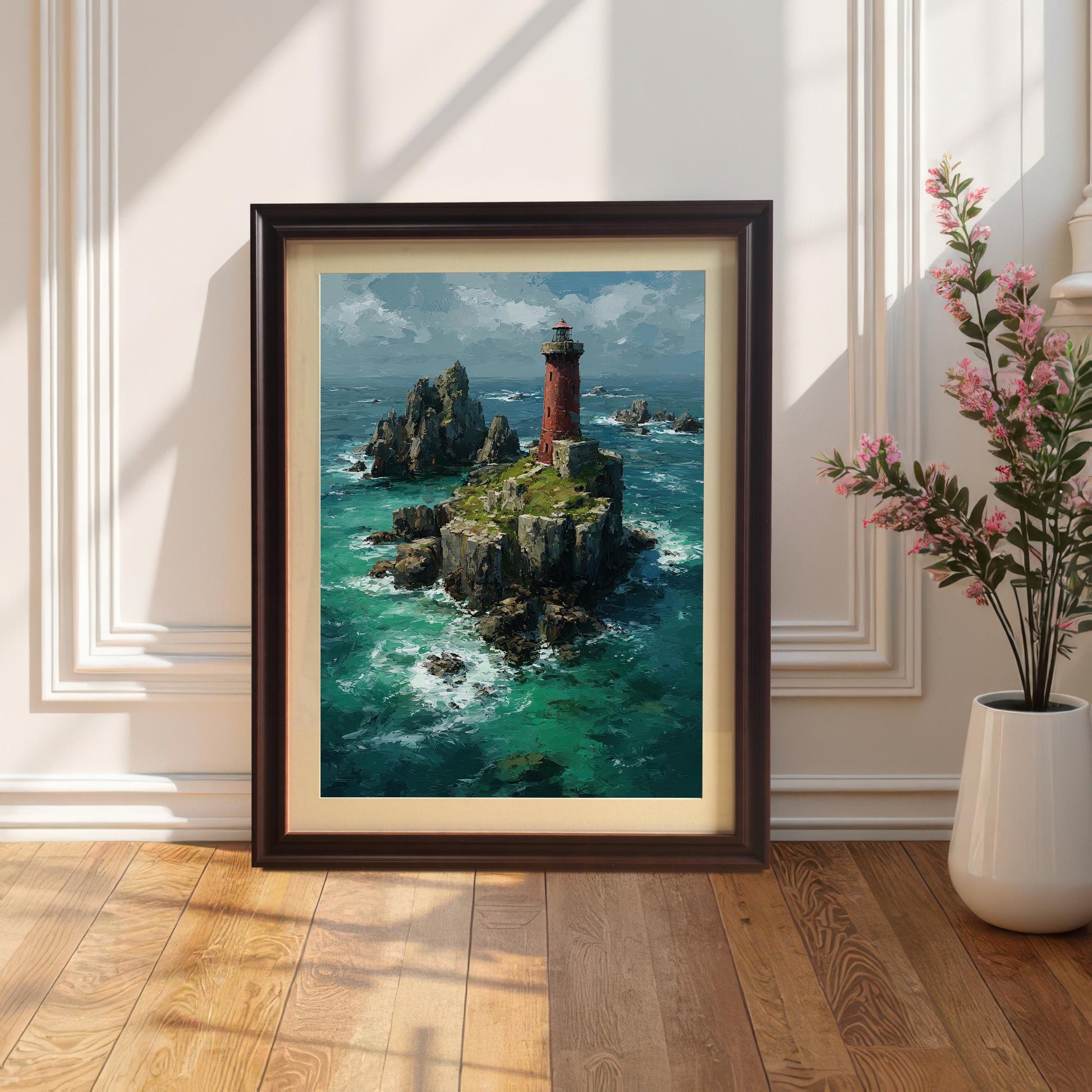 A framed painting with a coffee-colored frame is leaning against a white wainscoted wall. The painting shows a red lighthouse on a rocky island in the middle of a turquoise ocean. A potted plant with pink flowers sits to the right of the frame.