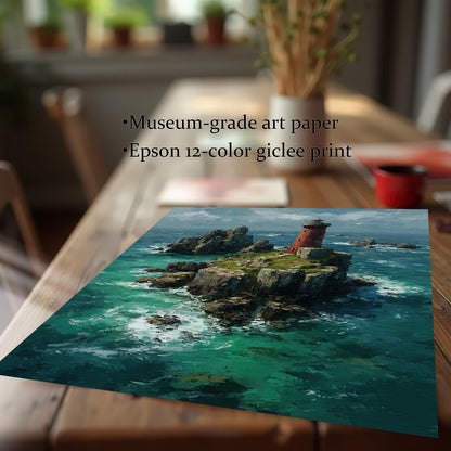 A low-angle shot of a landscape painting of a red lighthouse on a rocky island surrounded by turquoise water, shown on a rustic wooden table. Text overlays highlight its features: "Museum-grade art paper" and "Epson 12-color giclee print."