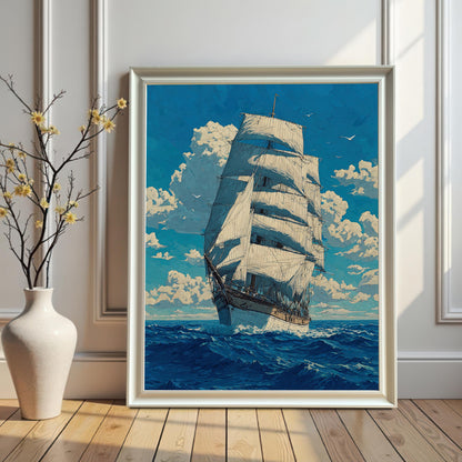 A framed painting with a white frame is leaning against a white wainscoted wall. The painting shows a tall ship sailing on a blue sea under a cloudy sky. A white vase with a flowering branch sits to the left of the frame.