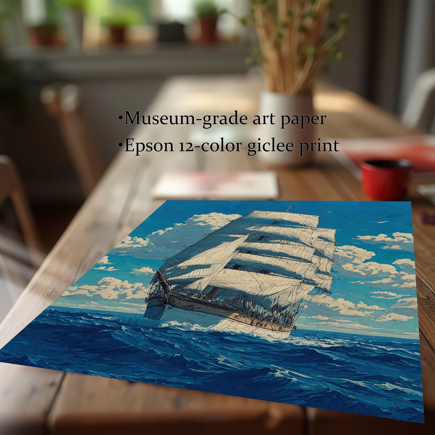 A low-angle shot of a landscape painting of a tall ship on the sea under a cloudy blue sky, shown on a rustic wooden table. Text overlays highlight its features: "Museum-grade art paper" and "Epson 12-color giclee print."