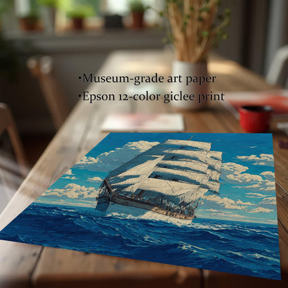 A low-angle shot of a landscape painting of a tall ship on the sea under a cloudy blue sky, shown on a rustic wooden table. Text overlays highlight its features: "Museum-grade art paper" and "Epson 12-color giclee print."