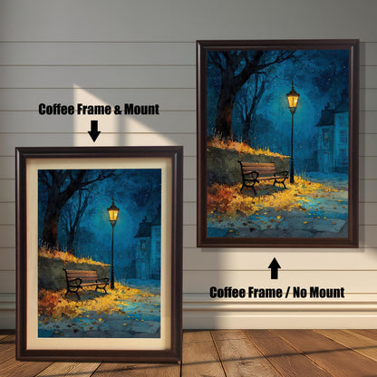 A painting of a dark street with a glowing lamppost and bench. The left side shows the painting with a coffee-colored frame and a mount, while the right shows it with a coffee-colored frame and no mount.