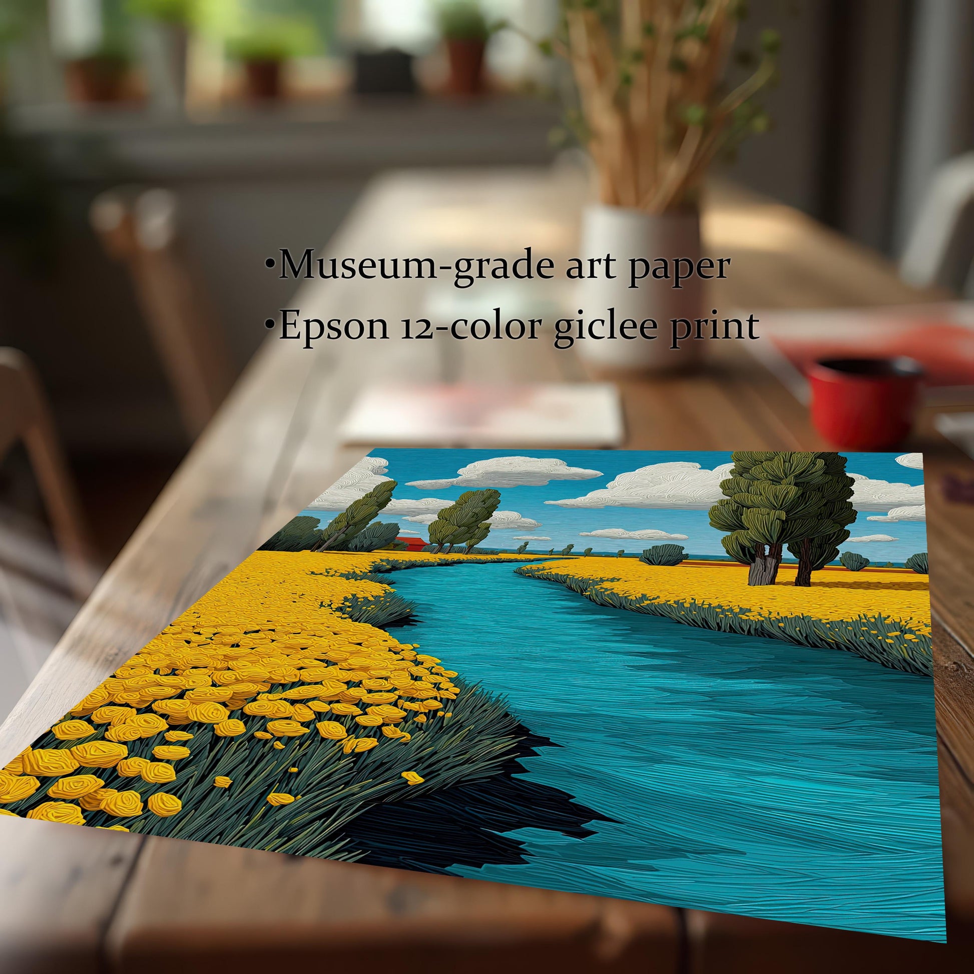 A close-up, angled view of a print showing a blue river through a field of yellow flowers. The text lists "Museum-grade art paper" and "Epson 12-color giclee print" next to the print.