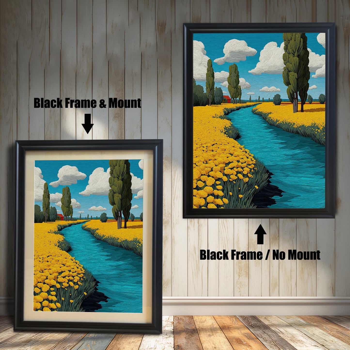 A painting of a river flowing through a field of yellow flowers. The left side shows the painting with a black frame and a mount, and the right shows it with a black frame and no mount.
