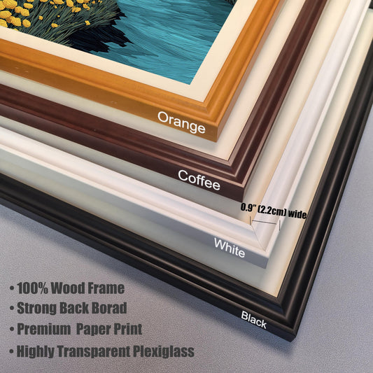 A stack of four wooden picture frame corners in different colors: orange, coffee, white, and black. The text notes that the frames are 0.9 inches wide and made of 100% wood.