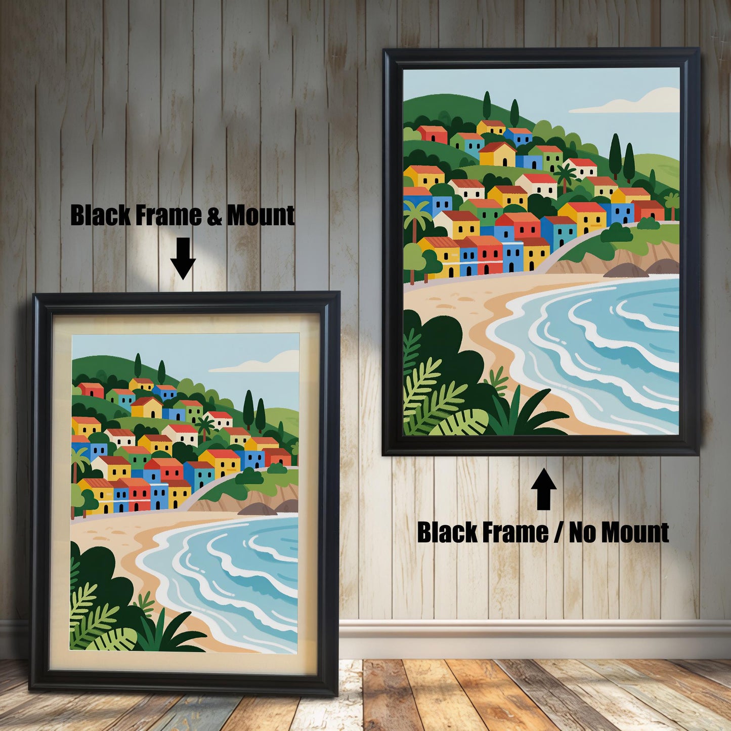 A painting of a colorful village on a hill overlooking a beach. The left side shows the painting with a black frame and a mount, while the right shows it with a black frame and no mount.