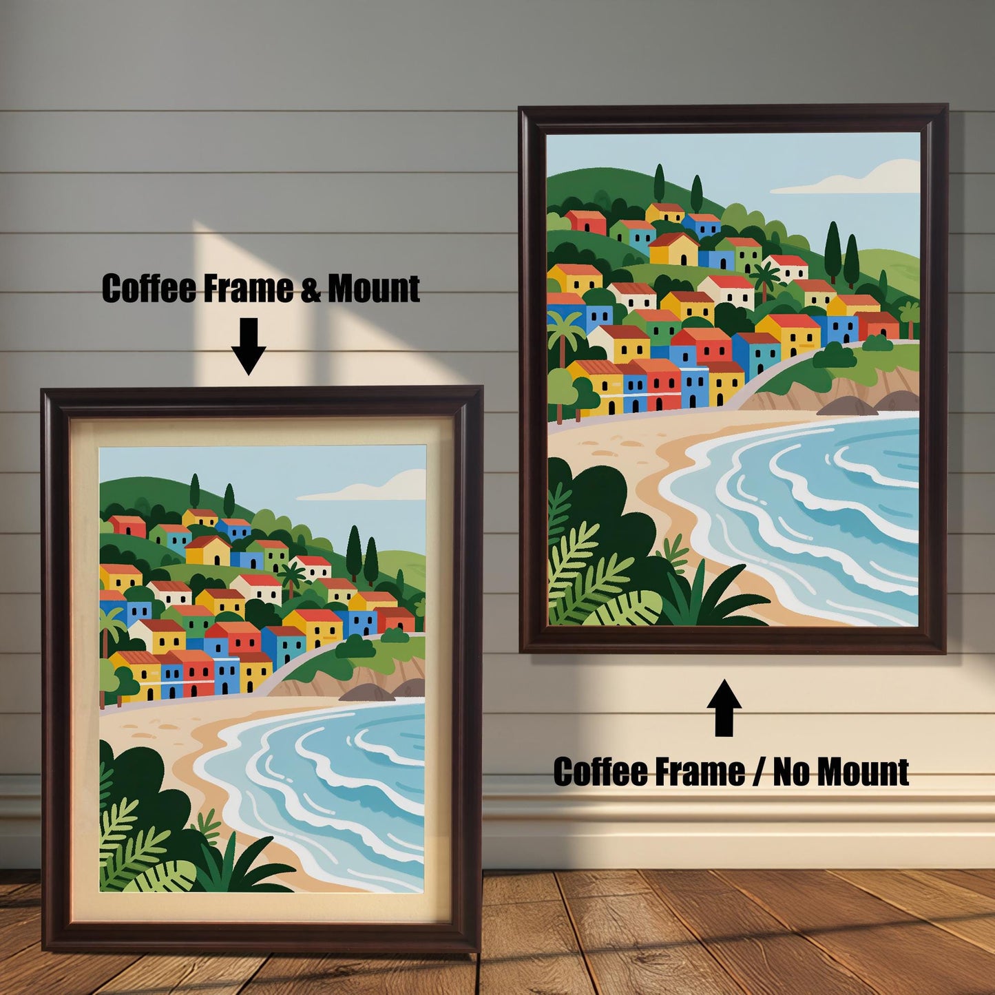 A painting of a colorful village on a hill overlooking a beach. The left side shows the painting with a coffee-colored frame and a mount, while the right shows it with a coffee-colored frame and no mount.