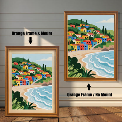 A painting of a colorful village on a hill overlooking a beach. The left side shows the painting with an orange frame and a mount, while the right shows it with an orange frame and no mount.