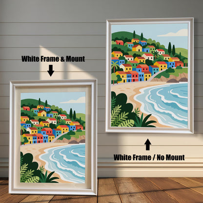 A painting of a colorful village on a hill overlooking a beach. The left side shows the painting with a white frame and a mount, and the right shows it with a white frame and no mount