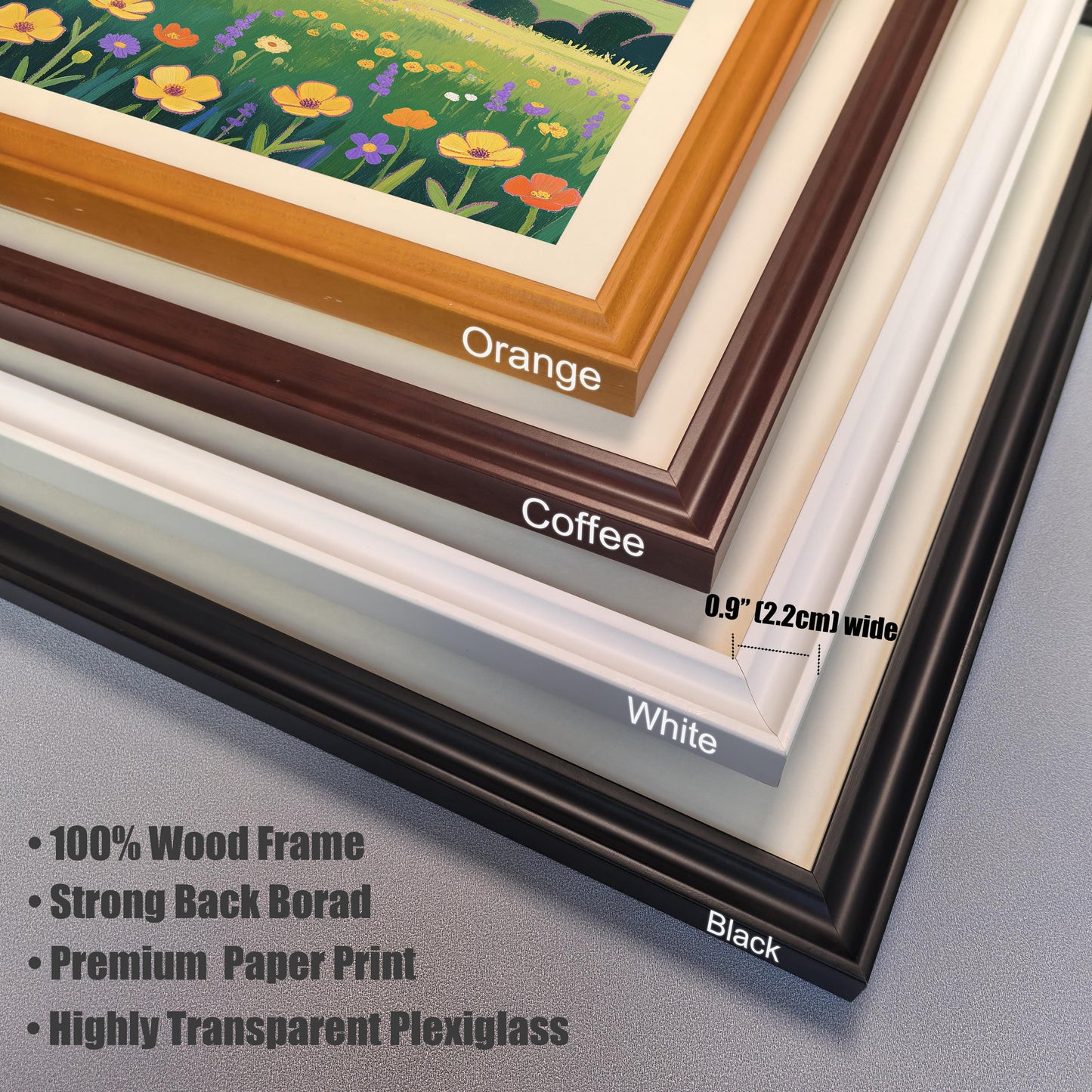 A stack of four wooden picture frame corners in different colors: orange, coffee, white, and black. The text notes that the frames are 0.9 inches wide and made of 100% wood.