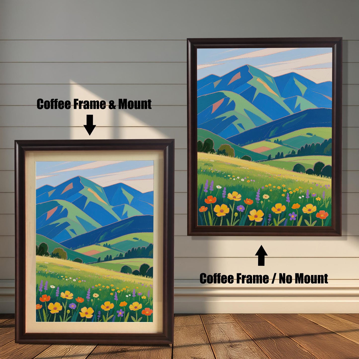 A framed painting of a meadow with colorful flowers and green and blue mountains in the background. The left side shows the painting with a coffee-colored frame and a mount, and the right shows it with a coffee-colored frame and no mount.