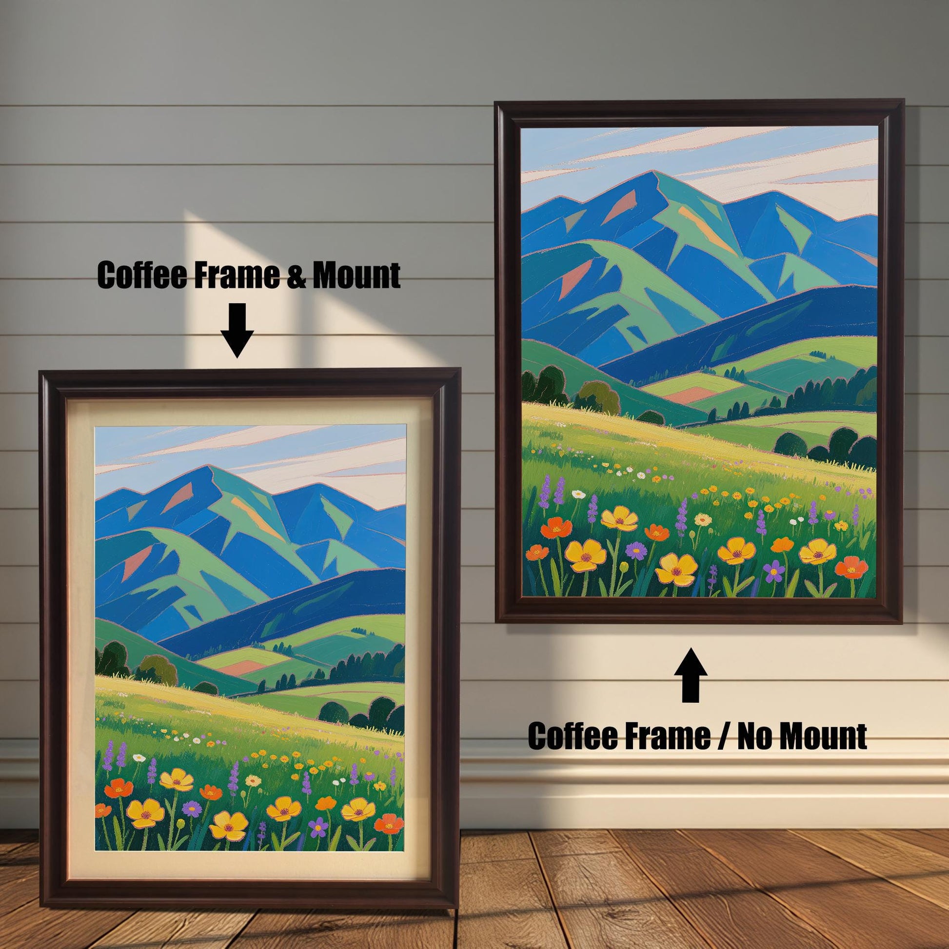 A framed painting of a meadow with colorful flowers and green and blue mountains in the background. The left side shows the painting with a coffee-colored frame and a mount, and the right shows it with a coffee-colored frame and no mount.