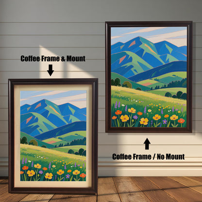 A framed painting of a meadow with colorful flowers and green and blue mountains in the background. The left side shows the painting with a coffee-colored frame and a mount, and the right shows it with a coffee-colored frame and no mount.