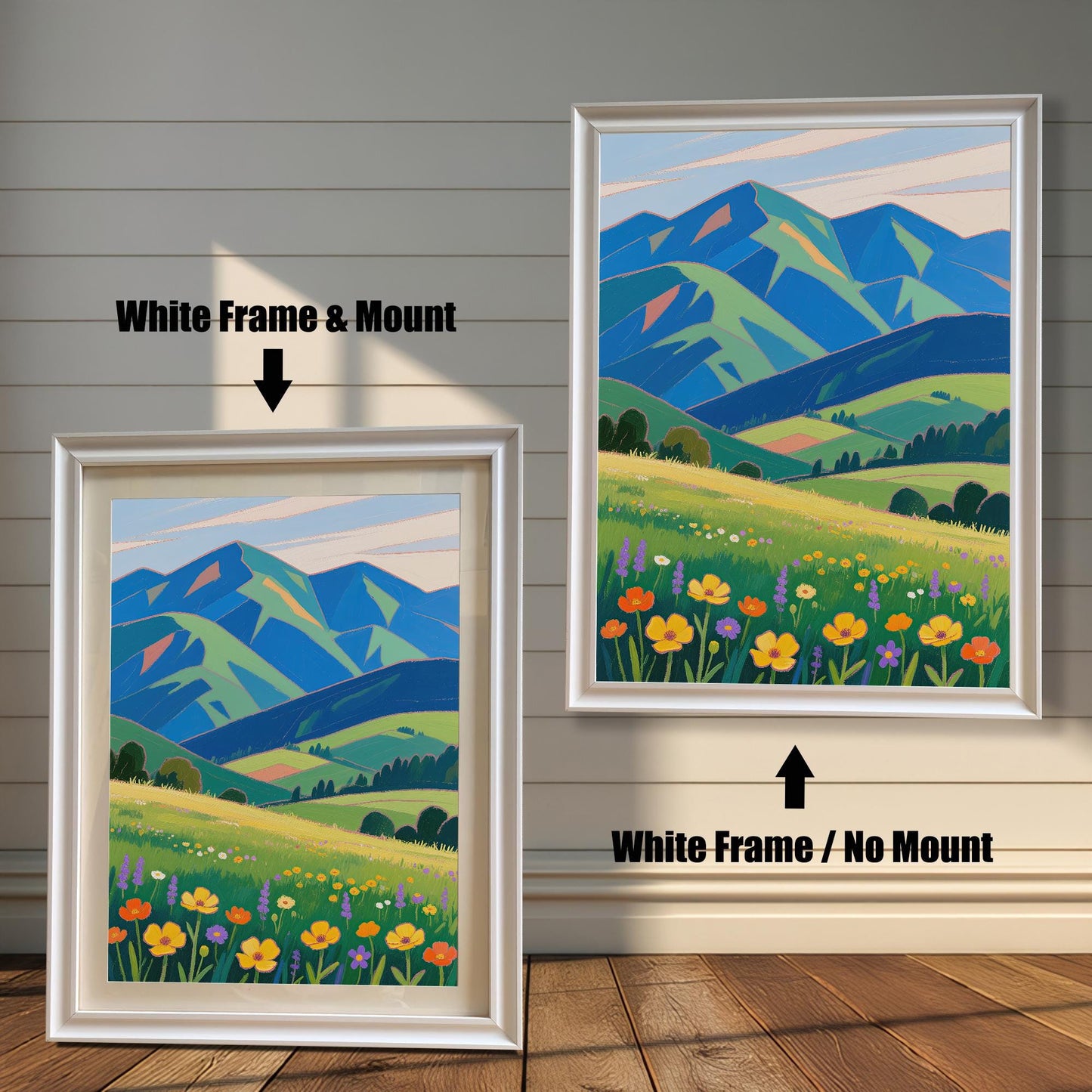 A framed painting of a meadow with colorful flowers and mountains. The left side shows the painting with a white frame and a mount, and the right shows it with a white frame and no mount.