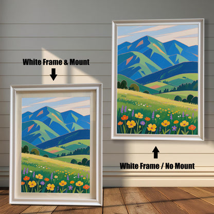 A framed painting of a meadow with colorful flowers and mountains. The left side shows the painting with a white frame and a mount, and the right shows it with a white frame and no mount.