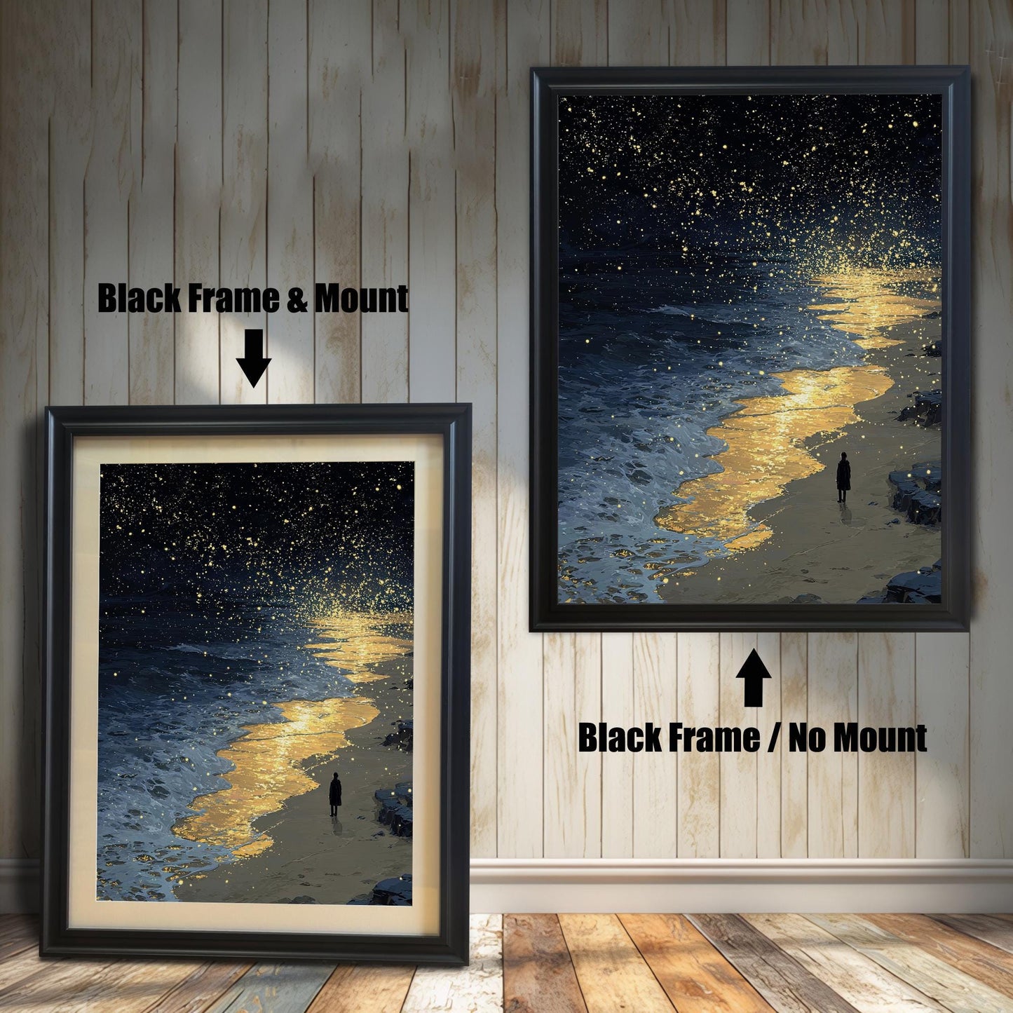 A painting of a starry night sky over a beach with a person on the shore. The left side shows the painting with a black frame and a mount, and the right shows it with a black frame and no mount.