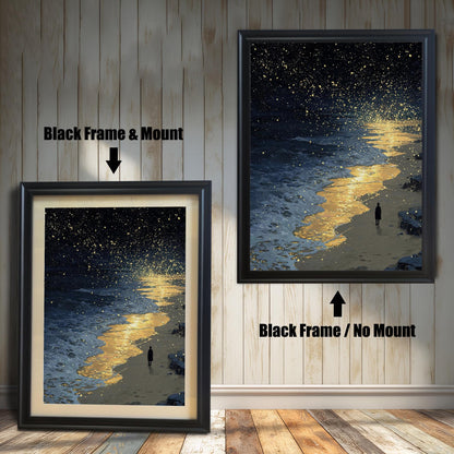 A painting of a starry night sky over a beach with a person on the shore. The left side shows the painting with a black frame and a mount, and the right shows it with a black frame and no mount.