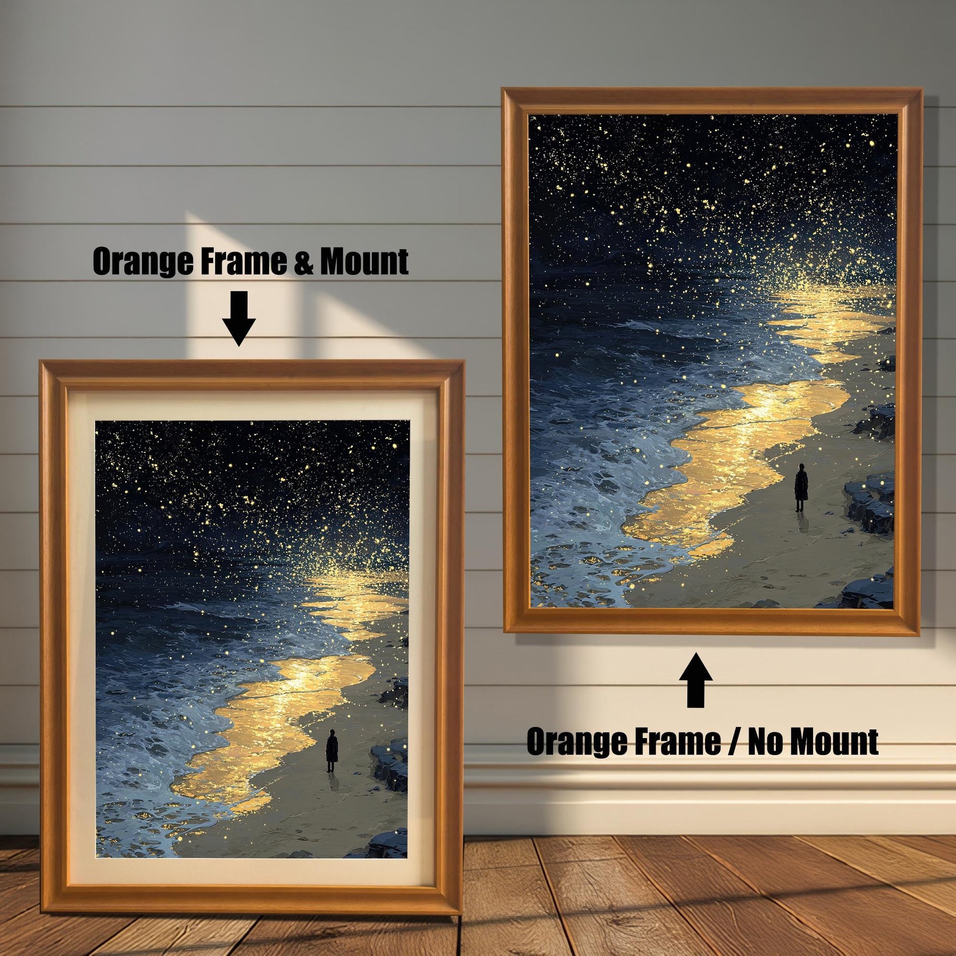 A painting of a starry night sky over a beach with a person on the shore. The left side shows the painting with an orange frame and a mount, and the right shows it with an orange frame and no mount.