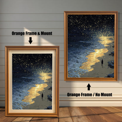 A painting of a starry night sky over a beach with a person on the shore. The left side shows the painting with an orange frame and a mount, and the right shows it with an orange frame and no mount.