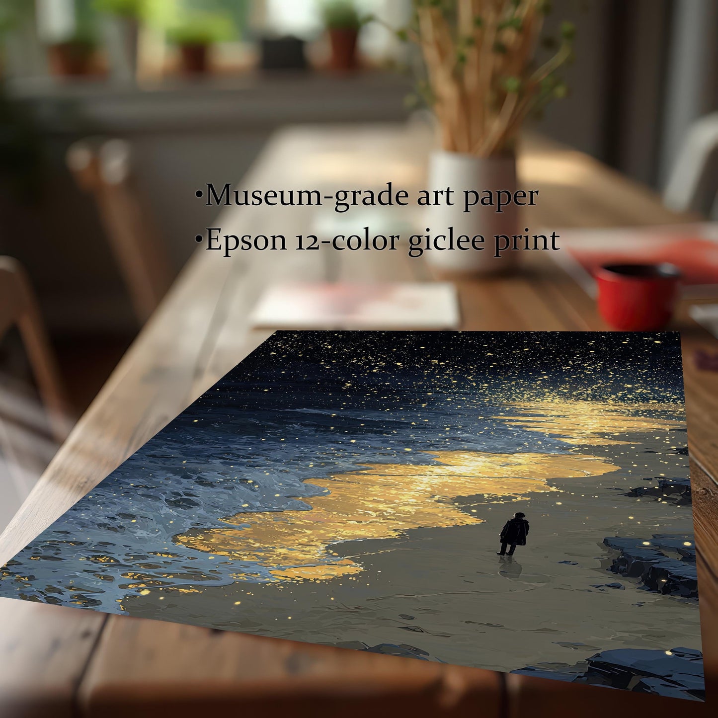 A close-up, angled view of a print showing a starry night sky over a beach with a person on the shore. The text lists "Museum-grade art paper" and "Epson 12-color giclee print" next to the print.