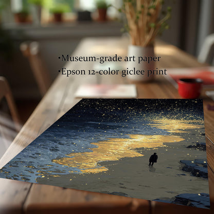 A close-up, angled view of a print showing a starry night sky over a beach with a person on the shore. The text lists "Museum-grade art paper" and "Epson 12-color giclee print" next to the print.